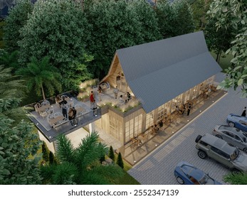 wooden building design for a restaurant seen from above