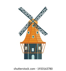 Wooden building of traditional windmill with vanes propeller, flat vector illustration isolated on white background. Village windmill for grind grain into flour.