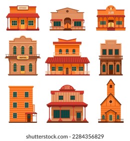 Wooden buildings in wild west architecture design. Bank and apartment for living, pub and hotel for visitors and travelers. Saloon and church, store and shop for citizens. Vector in flat style