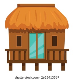 Wooden bungalow with thatched roof and balcony offering a peaceful retreat in a tropical paradise