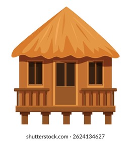 Wooden bungalow with thatched roof, offering a tranquil escape in a tropical paradise