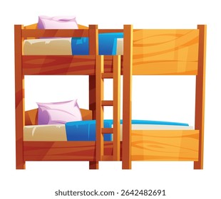 Wooden bunk bed with ladder, pillows, and blue blankets, ideal for hostel or kids room. Vector cartoon illustration