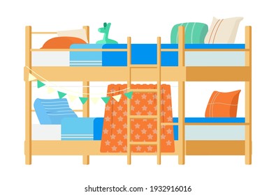 Wooden Bunk Bed With Pillows, Toys  And Decorations. Kid's Room Furniture Flat Vector Illustration. Isolated On White.