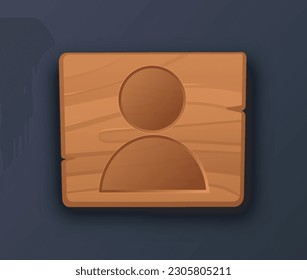 Wooden button avatar. Profile in social media and instant messengers sign. UI and UX design. Poster or banner for website. Cartoon flat vector illustration isolated on blue background