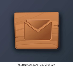 Wooden button envelope. Square message icon. Communication and interaction on Internet, business correspondence and electronic mail. Cartoon flat vector illustration isolated on blue background