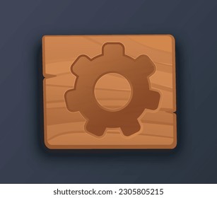 Engranaje del botón de madera. Interfaz para software, aplicación móvil y programas. Diseño de interfaz de usuario y UX para la configuración y el menú. Afiche o pancarta. Dibujo vectorial plano de dibujos animados aislado en fondo azul