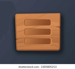 Wooden button list. Playlist with sings and button for mobile player. Menu or settings for game. UI and UX design. Template and mock up. Cartoon flat vector illustration isolated on blue background