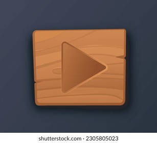 Wooden button play. UI and UX design for mobile applications and players. Square symbol with triangle. Template, layout and mock up. Cartoon flat vector illustration isolated on blue background