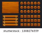 Wooden Buttons and banner. Game UI big kit. Template wooden menu of graphical user interface GUI and buttons to build 2D games. Isolated on a separate layers
