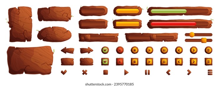 Wooden buttons and boards for game UI, GUI elements isolated on white background. Vector cartoon set of brown wooden banners, menu buttons and arrows for mobile game