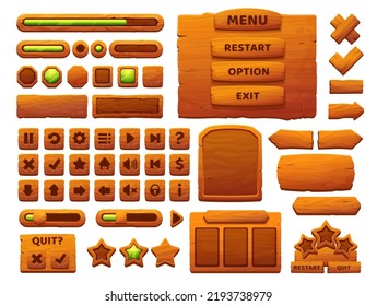 Wooden buttons cartoon interface. UI game, GUI elements with wooden texture. Game interface menu options, bars and sliders, user interface vector icons and buttons, wooden banners, arrows and
