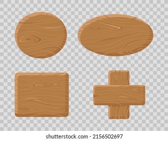 Holzknöpfe mit unterschiedlichen Formen auf transparentem, isoliertem Hintergrund. Cartoon-Vektorgui-Elemente. Tablettenrahmen aus Holz. 