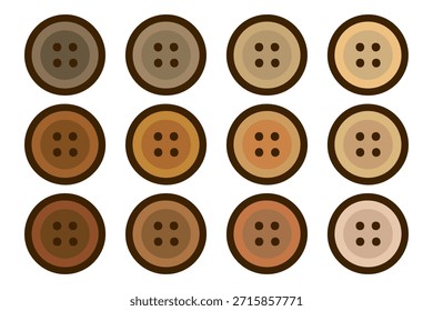 Wooden buttons in front view perspective. Deep Wood Finish Button Set. Walnut, Birch, Rosewood, Oak, Spruce, Cedar, Pine. Red Orange Beige Brown buttons for clothing, design, sewing vector EPS 10.