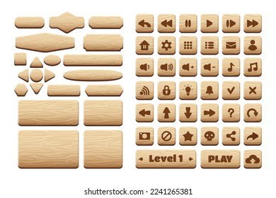Wooden buttons game UI asset. Gaming user interface icons. vector illustration.