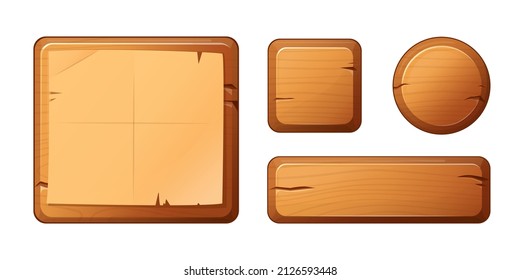 Wooden buttons for game user interface, user interface elements isolated on white background. vector cartoon illustration.
