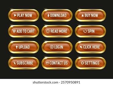 Wooden buttons in a gold frame. Vector big set of buttons