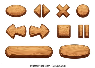 Wooden buttons set for game ui. Vector cartoon illustrations