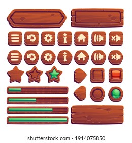 Wooden buttons for ui game, gui elements isolated on white background. Vector cartoon kit of brown wood banners, menu buttons with signs, arrows and progress bar for mobile game