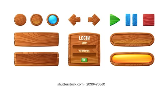 Wooden buttons for user interface design in game, video player or website. Vector cartoon set of brown wood ui elements, check box, stop, play and pause buttons and login frame