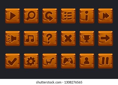 Wooden Buttons. Vector game UI kit. Set elements for graphical user interface GUI and 2D games. Isolated on a separate layers