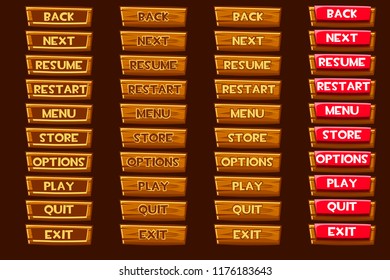 Wooden Buttons, vector Standard set For UI Game