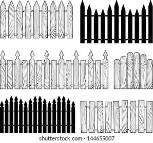 wooden b&w fences silhouettes vector set isolated on white background