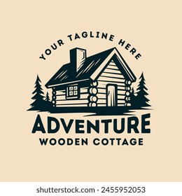 Cabaña de madera en el logotipo vintage de la aventura