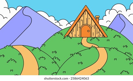  Wooden cabin amidst green hills and mountains and sky cloud background cartoon vector hand drawn illustration