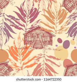Wooden cabin in the autumn forest seamless pattern