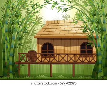 Wooden cabin in bamboo forest illustration