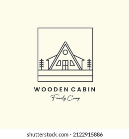 wooden cabin camp minimalist line art emblem logo template vector design