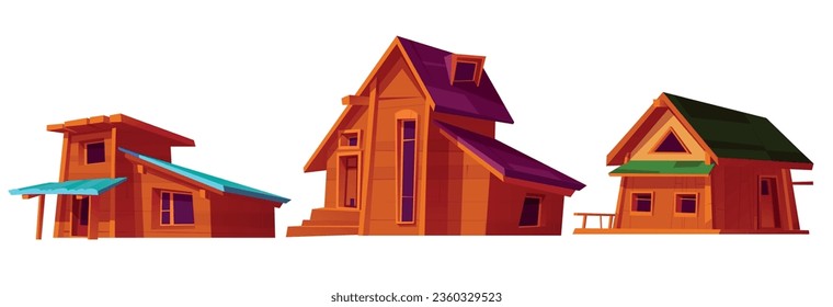 Wooden cabin clipart, mountain forest village hut isolated on white background. Chalet hotel house building group exterior with window, roof and porch. Small rural shack png illustration collection