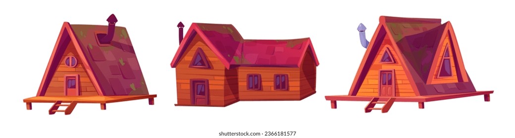 Wooden cabin clipart, summer forest house vector set. Wood mountain shack icon isolated on white background. Timber cottage building on piles with door, lodge, window and roof illustration kit.