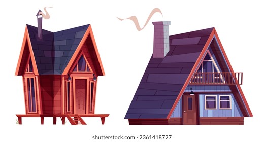 Wooden cabin with doors, windows and chimney. Cartoon vector illustration set of wood small house and hut. Forest shack or mountain chalet. Rural building for winter or summer vacation in countryside.