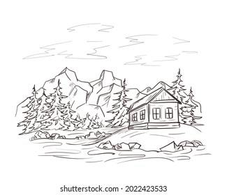 Wooden cabin in the forest by the river in a line sketch style. Hunter hut on the background of mountains. Tourism, outdoor recreation by the lake. Isolated vector illustration