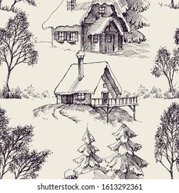 Wooden cabin in the forest graphic seamless pattern