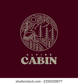 Wooden cabin in the forest, hills at the quiet night. line art style logo vector