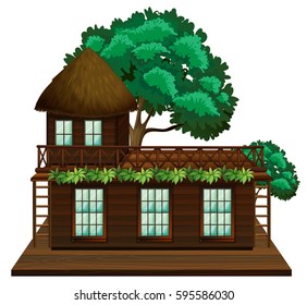 Wooden cabin with green tree illustration