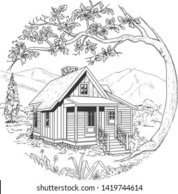 Wooden cabin hand drawn illustrator