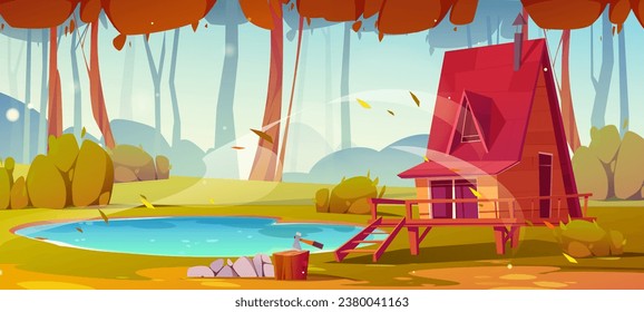 Wooden cabin house in autumn forest vector cartoon background. Deep woodland scenery with lake, falling leaves and hut on meadow. Sunny fall weather with wind nature landscape environment illustration
