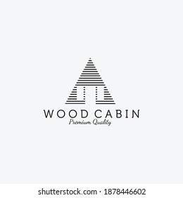 Wooden Cabin House Logo Line Art Design Vector Illustration Icon, Cabin Forest, Cottage, Wood Cabin