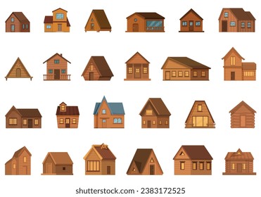 Wooden cabin icons set cartoon vector. Wood tree house. Pine forest village