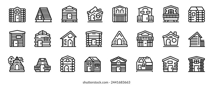 Wooden cabin icons set outline vector. Wood tree home. Village small camp