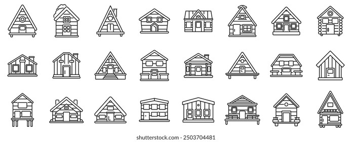 Conjunto de iconos de cabina de madera. Esta colección de casas de madera muestra diversos estilos arquitectónicos, ideales para anuncios inmobiliarios o conceptos de diseño de casas