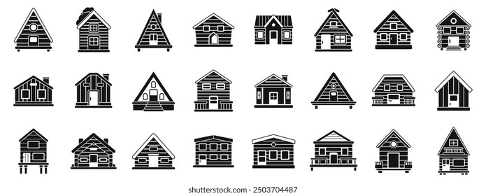 Wooden cabin icons set. This collection of wooden houses shows a variety of architectural styles, perfect for illustrating concepts related to housing, construction, or real estate