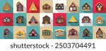 Wooden cabin icons set. Set of various wooden log cabins for rent or sale, perfect for illustrating real estate, vacations, or construction