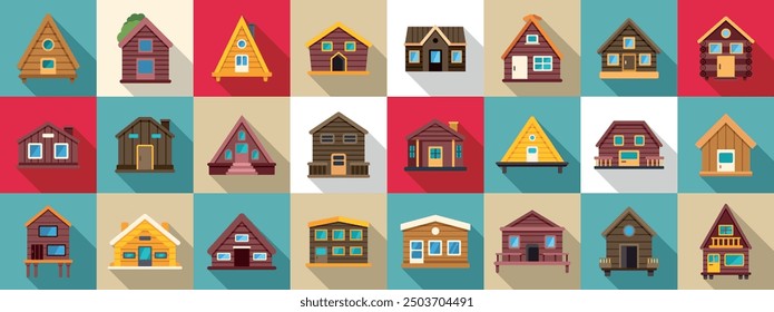 Wooden cabin icons set. Set of various wooden log cabins for rent or sale, perfect for illustrating real estate, vacations, or construction