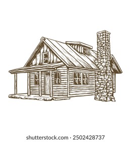 Wooden cabin illustration. Wooden cabin vintage illustration. Wooden cabin hand drawn in vintage engraving style