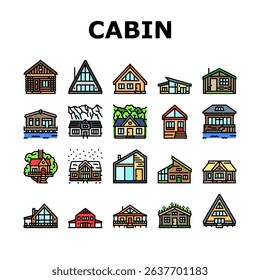 wooden cabin log icons set vector. retreat nature forest, escape serene peaceful, traditional handcrafted craftsmanship wooden cabin log color line illustrations