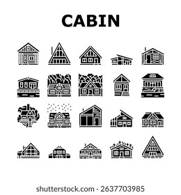 wooden cabin log icons set vector. retreat nature forest, escape serene peaceful, traditional handcrafted craftsmanship wooden cabin log glyph pictogram Illustrations